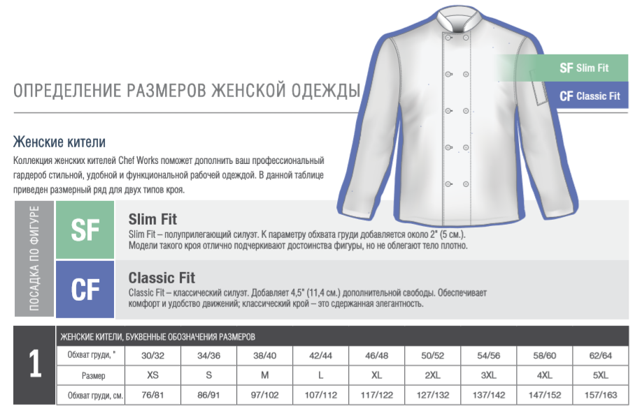 Опредление размеров женской поварской одежды Chef Works